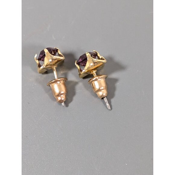 Vintage Purple Rhinestone Faux Amethyst Gold Tone Earrings Birhtstone - Picture 3 of 7